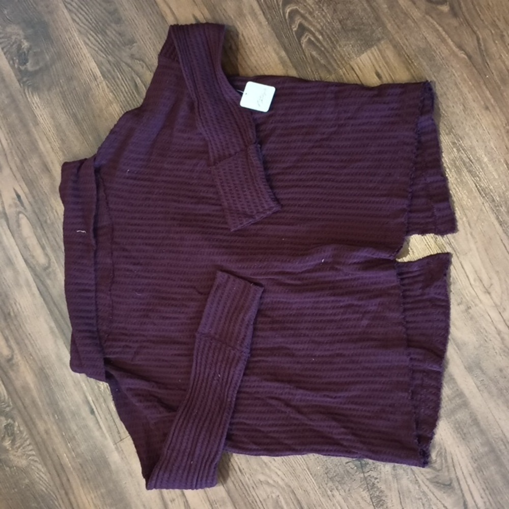 Free People Burgundy Cowl Neck Open Back Waffle Knit Long Sleeve Top I